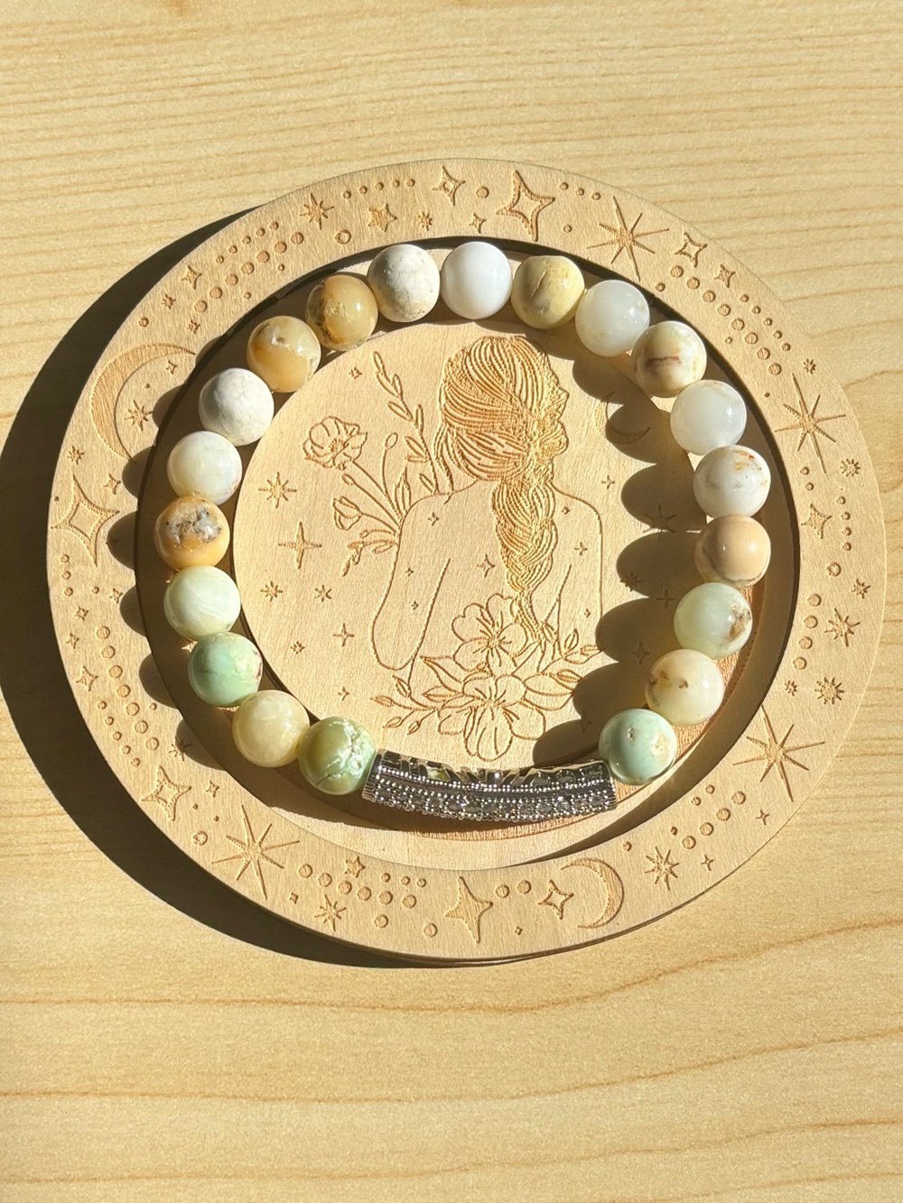 Natural White Opal Beaded Bracelet with CZ Silver tone Bar